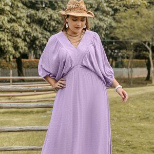 Plus Size Swiss Dot V-Neck Midi Dress